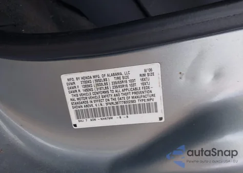 2007 Honda Odyssey Ex-L z USA, uszkodzony, nr VIN 5FNRL38777B002583